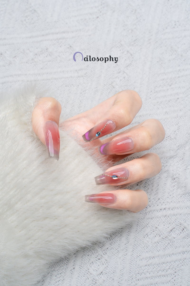 Nailosophy Handmade Gel Press-on Nails Twilight Pink & Purple Cat-Eye with Chain | Coffin Shape - Image 3